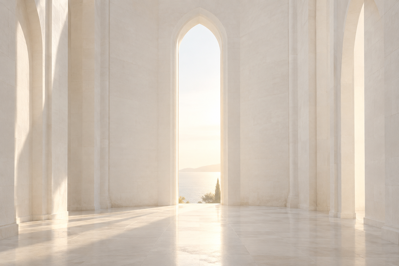 An imagined white stone sanctuary opening toward soft golden light.